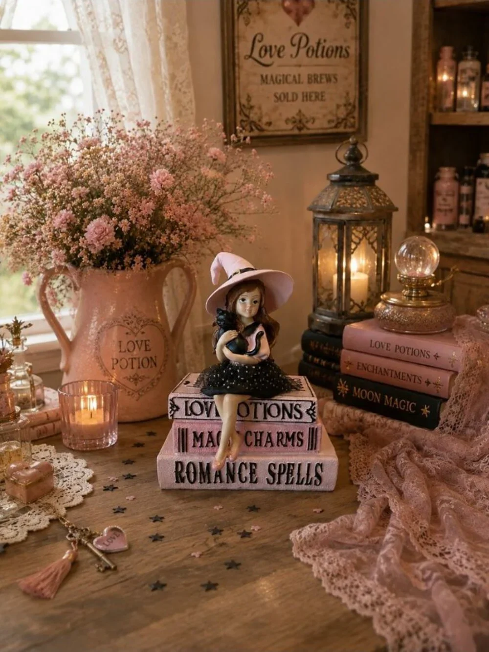 New Pink Witch Girl & Black Cat On Spell Book Sculpture Halloween Holiday Decor